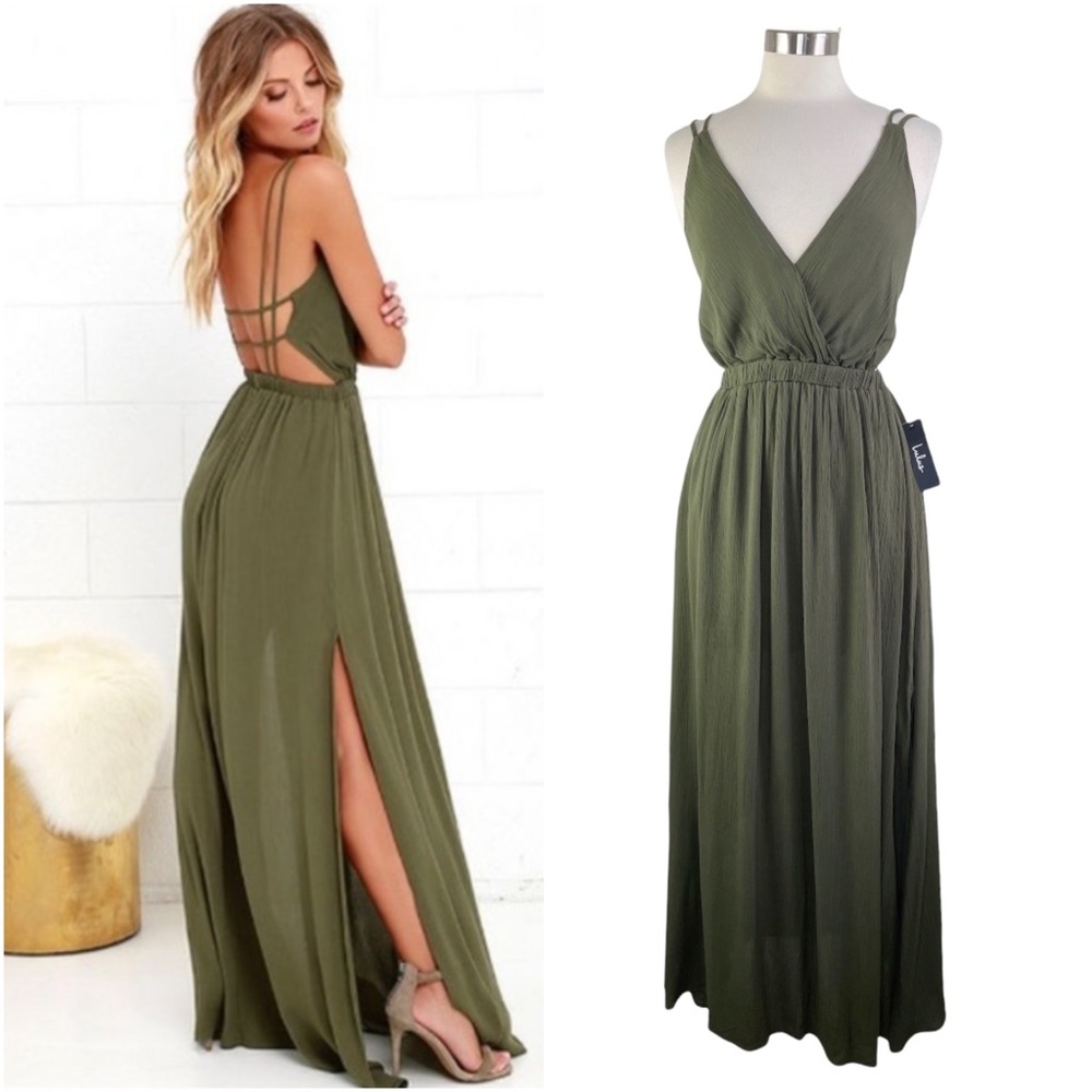Olive Green Strappy V-Neck Maxi Dress